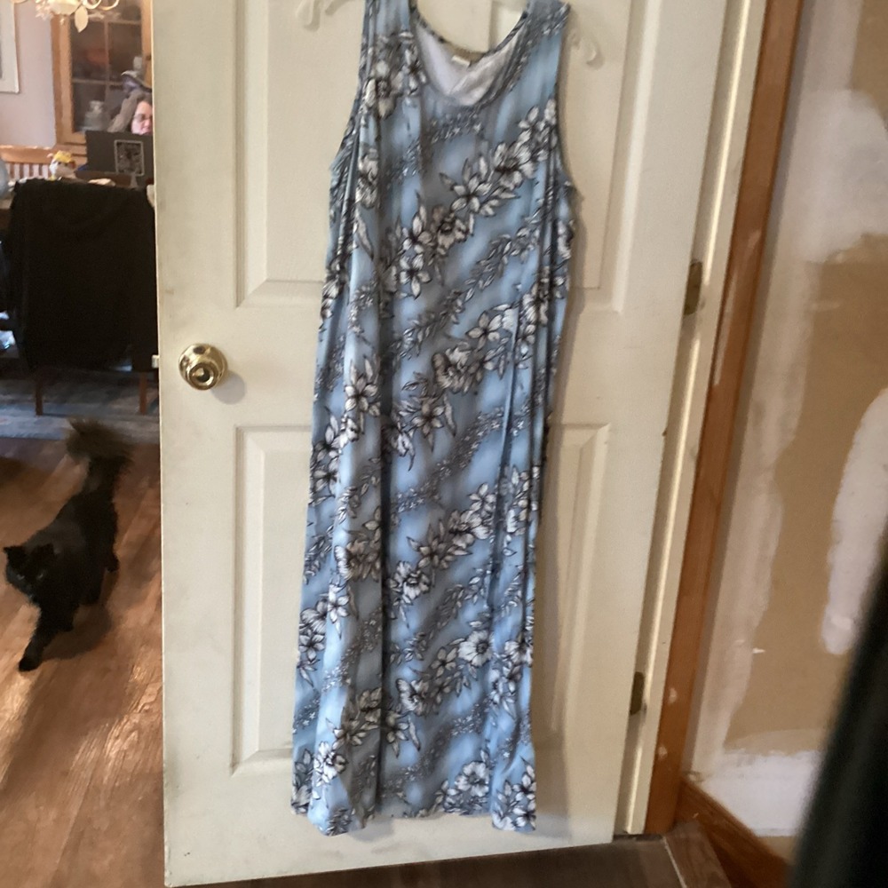Vintage Teddi Dress Blue Floral Crew Neck Sleeveless Maxi Womens Large